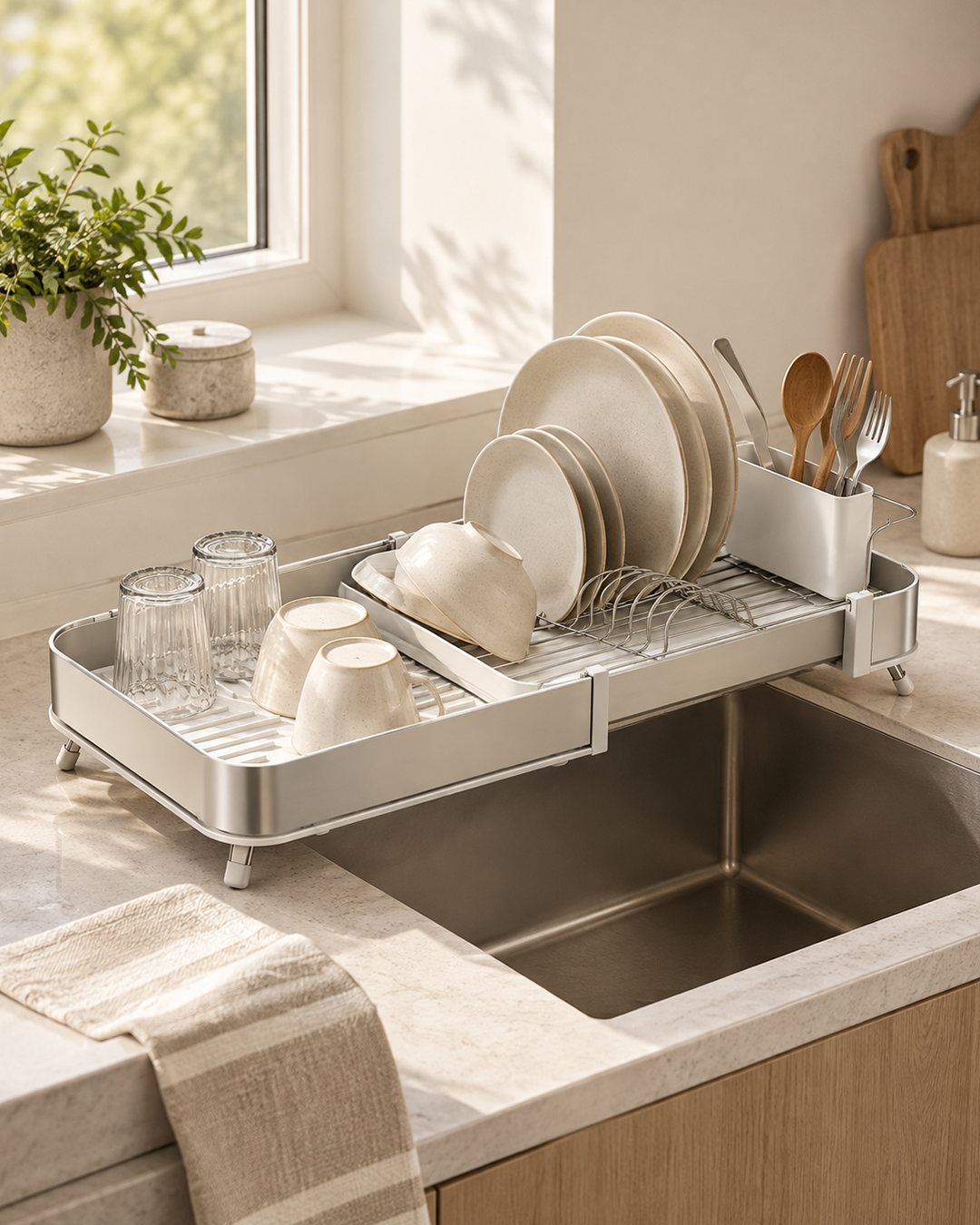 Extendable dish rack with plates and glasses beside the sink