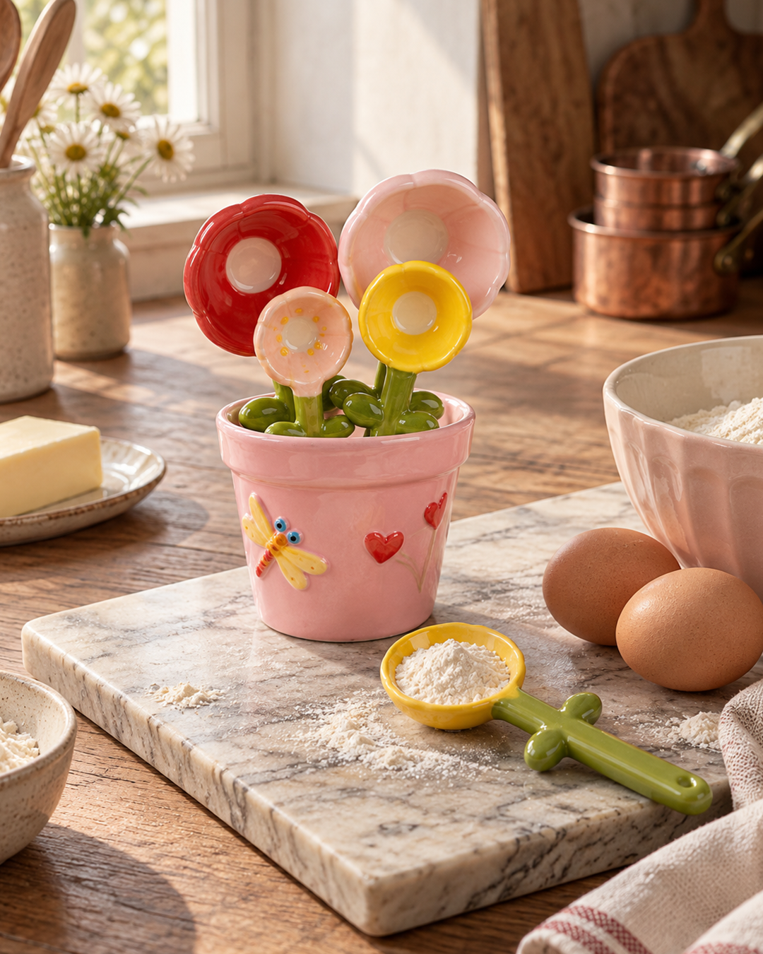 Flower measuring spoons on a kitchen counter with flour and eggs