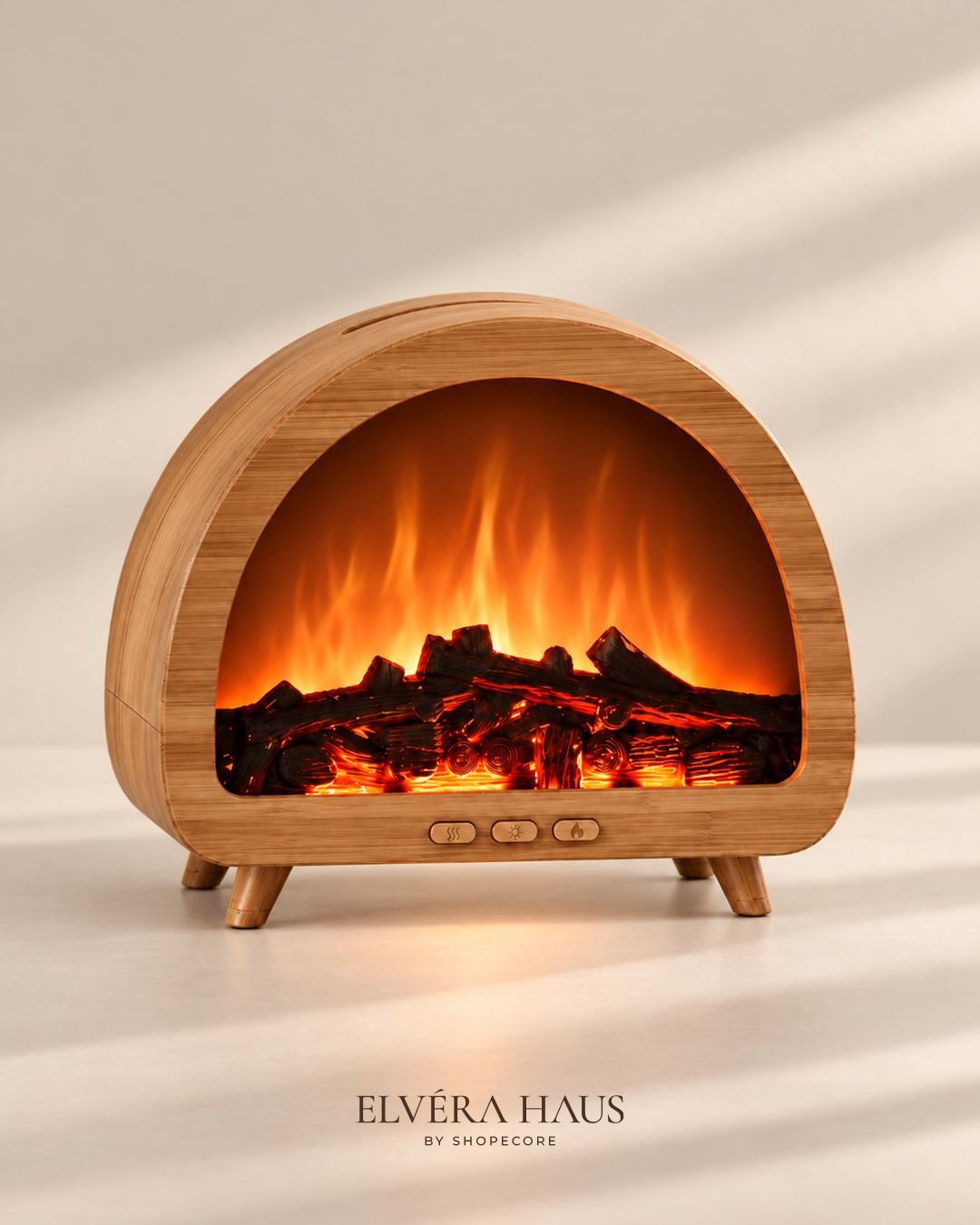 Arched wooden-look fireplace aroma diffuser with flame effect