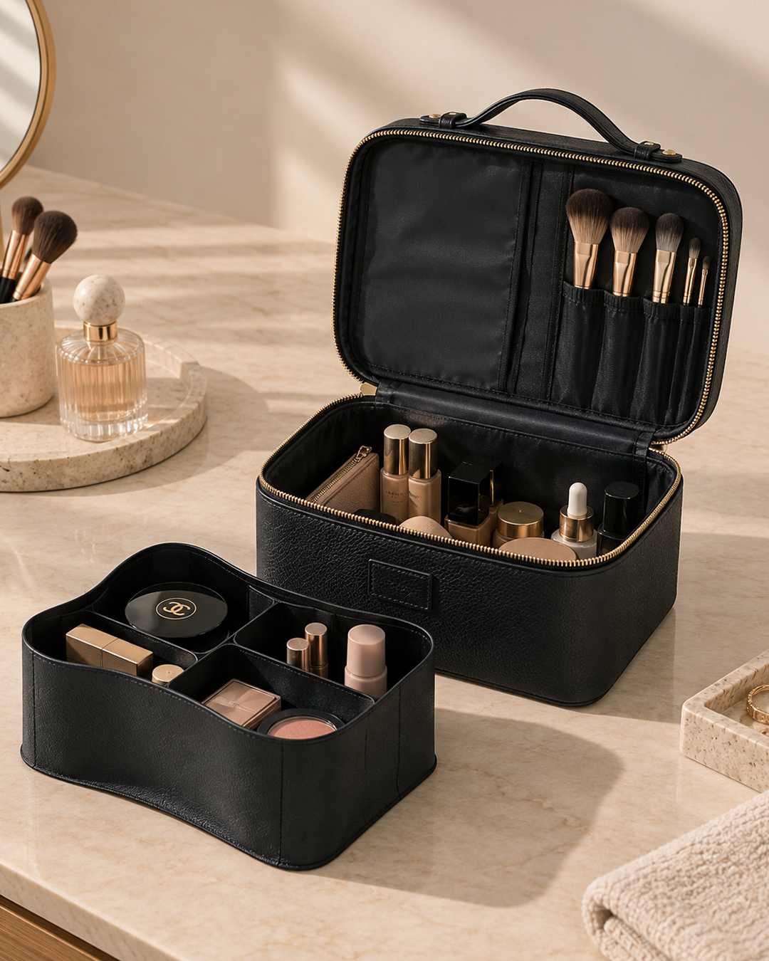 Open makeup case with brushes and cosmetics in divided trays