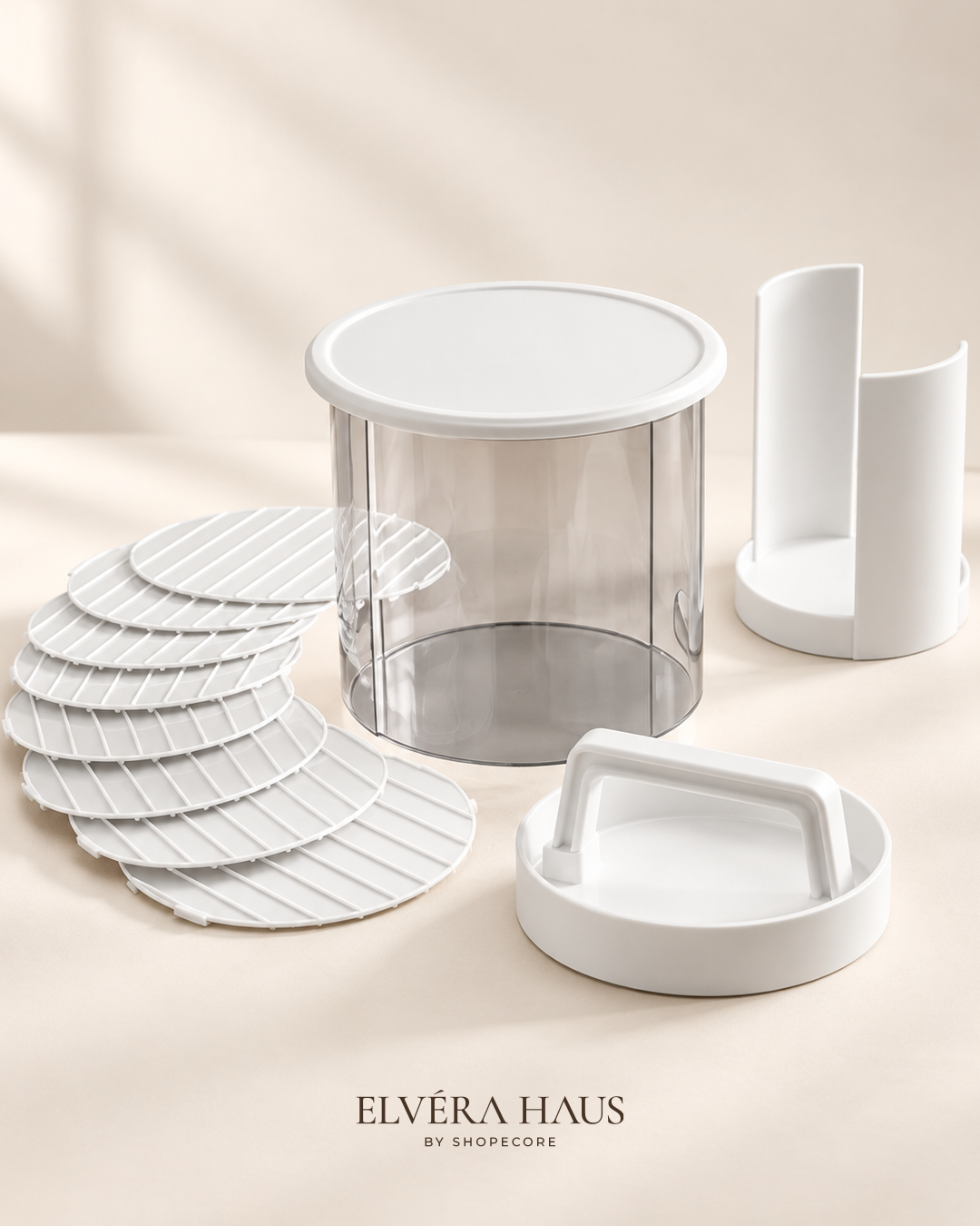 Burger patty press with storage container and paper discs