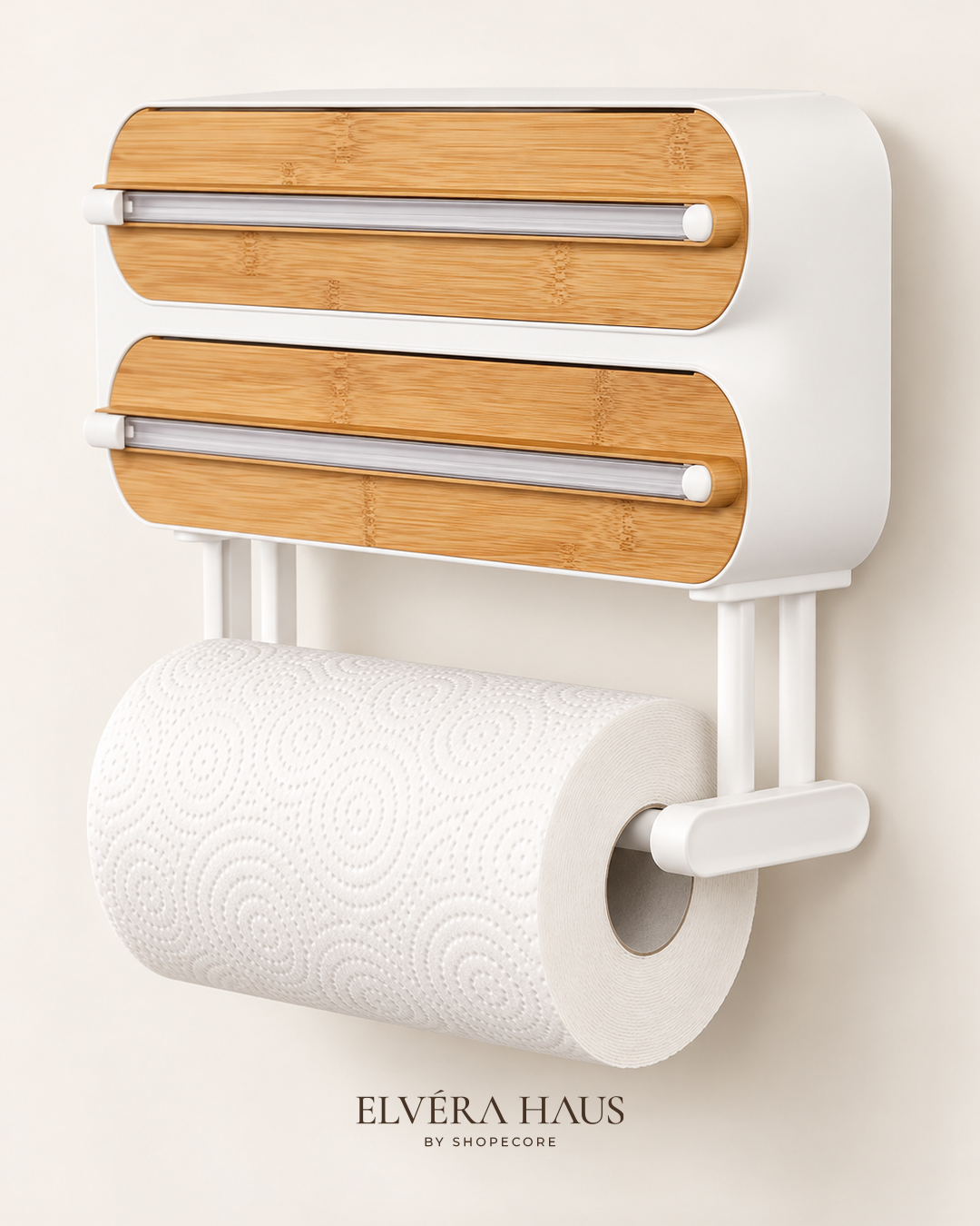 Wall-mounted dispenser with two bamboo-front wrap cutters