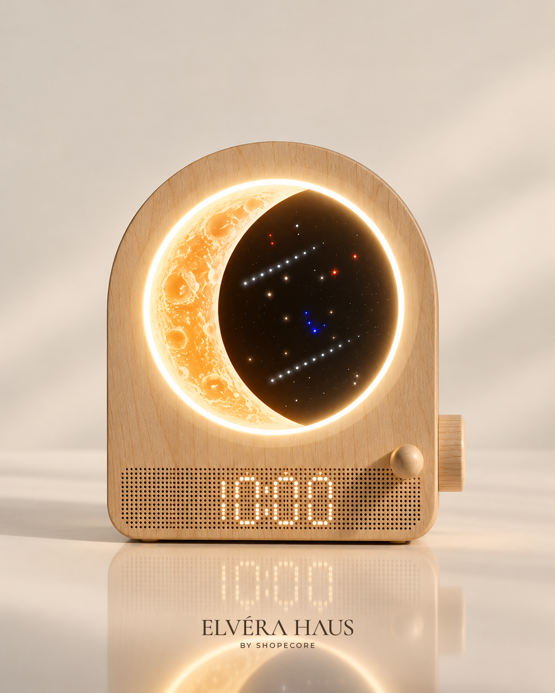 Moon sunrise alarm clock with glowing crescent light
