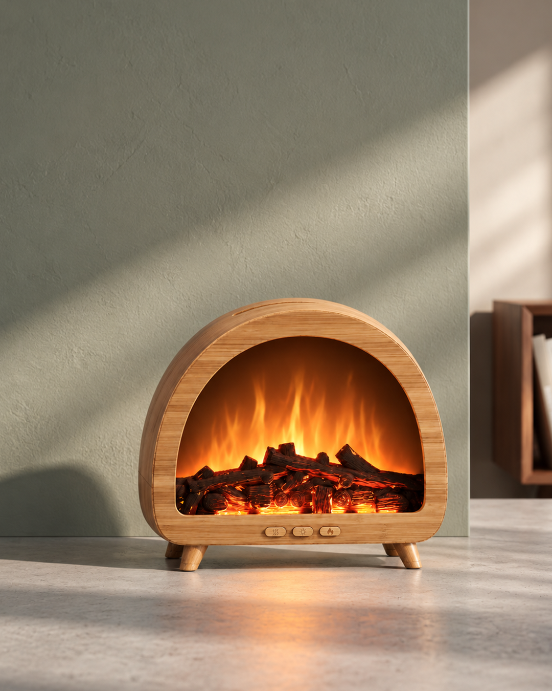 Fireplace flame diffuser glowing on a living room floor
