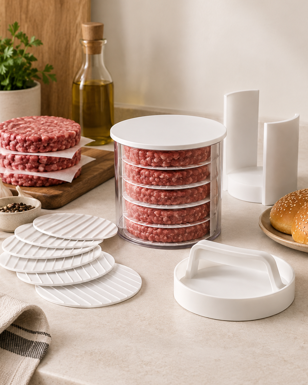 Patty press with stacked raw burger patties