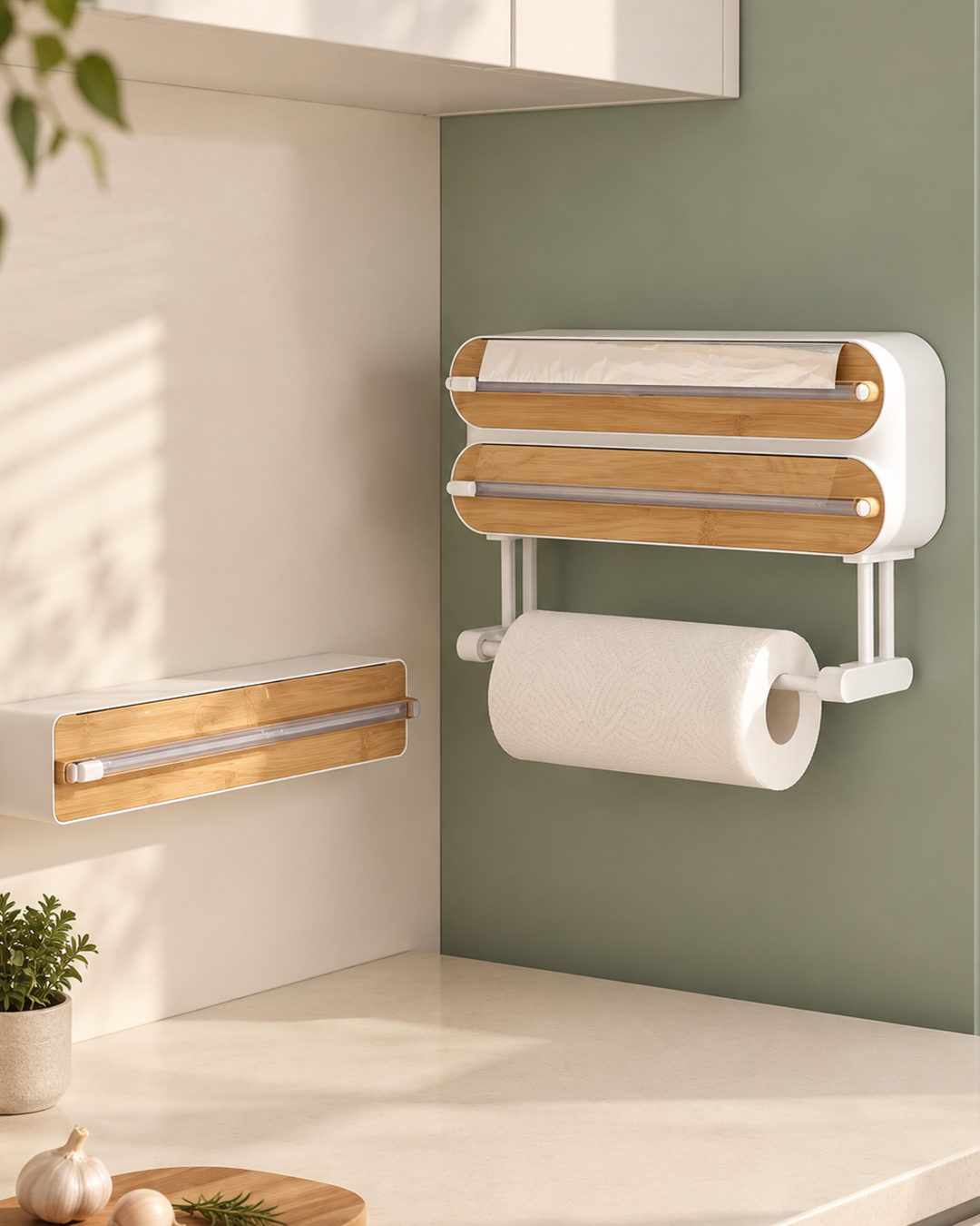 Wrap dispenser mounted on a kitchen wall