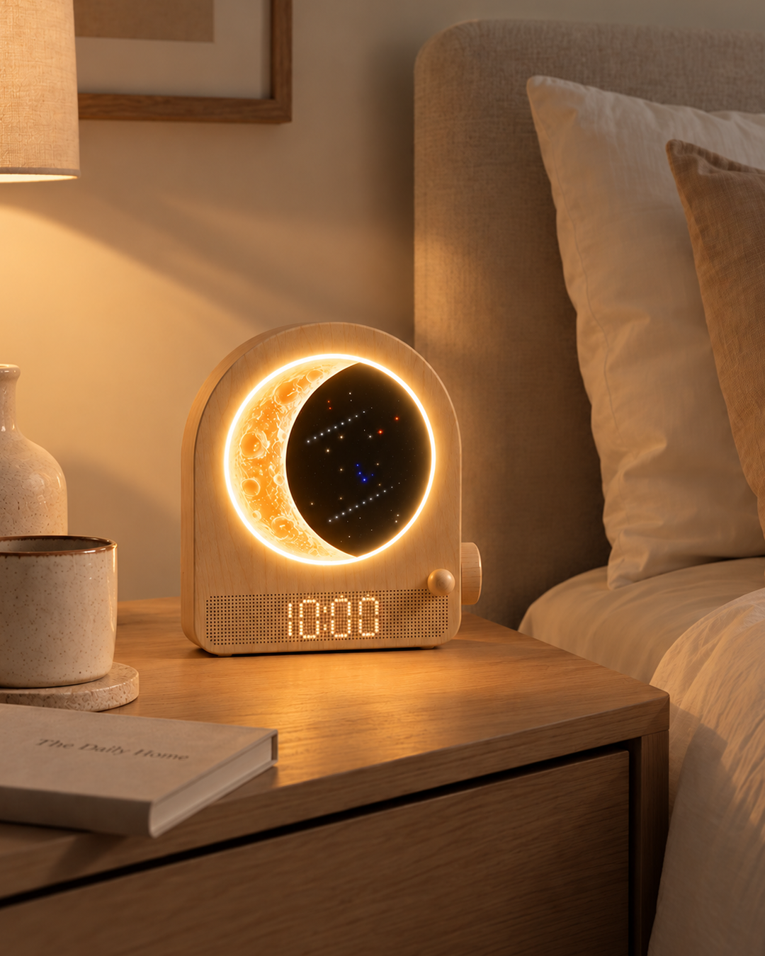 Sunrise alarm clock glowing on a bedside table