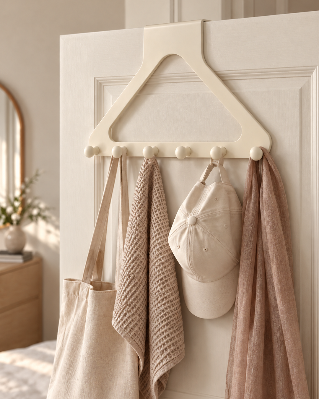 Over-the-door hanger holding towels, a cap and a tote bag