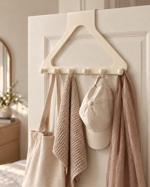 Over-the-door hanger holding towels, a cap and a tote bag