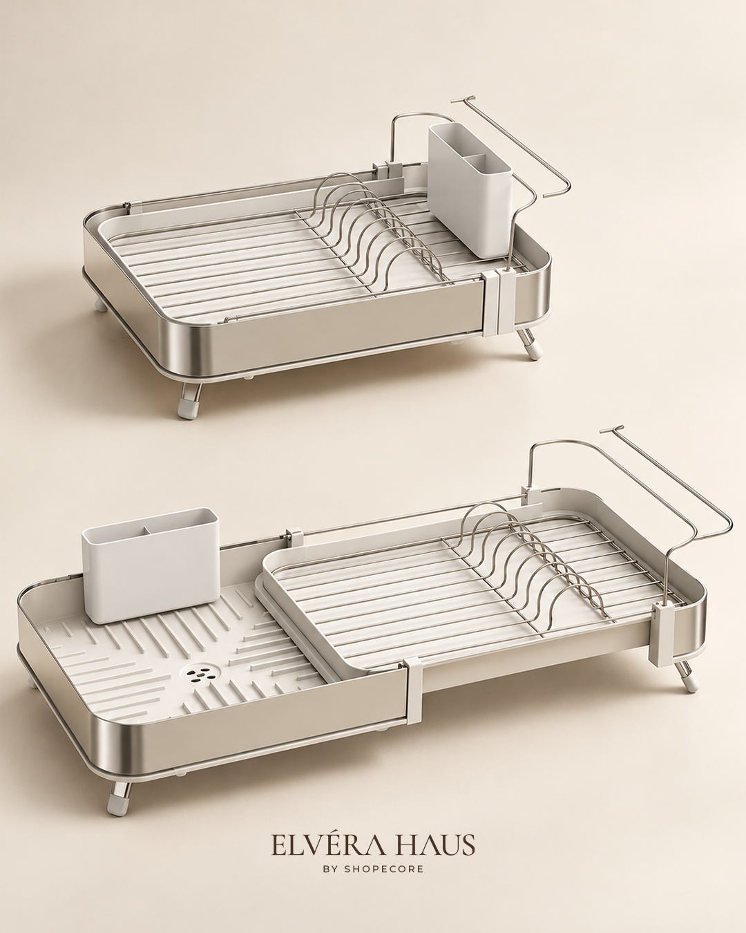 Expandable stainless dish drying rack shown short and extended